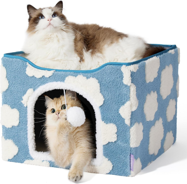 Lesure Indoor Cat Beds Kitten House - Large Cat Cave for Pet Cube with Fluffy Ball Hanging, Foldable Small Aminal Hideaway, 16.5X16.5X13 Inches, Cozy Clouds Blue - Image 11