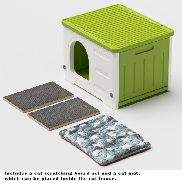 Plastic Cat House for Outdoor Indoor Use, Stackable Feral Cat Shelter Indoor Cat House Insulated Weatherproof Waterproof Elevated with Cat Scratching Board & Cushion (Green) - Image 3