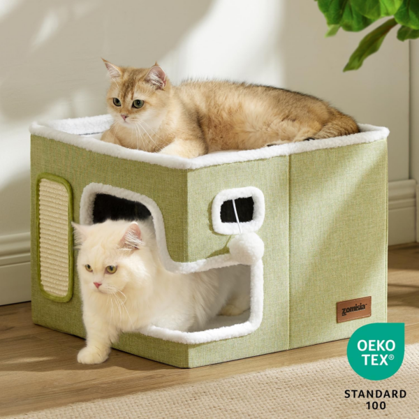 Cat Beds for Indoor Cats - Large Cat House for Pet with Fluffy Ball Hanging and Scratch Pad, Foldable Cat Hideaway,16.5X16.5X13 Inches, Grey - Image 7