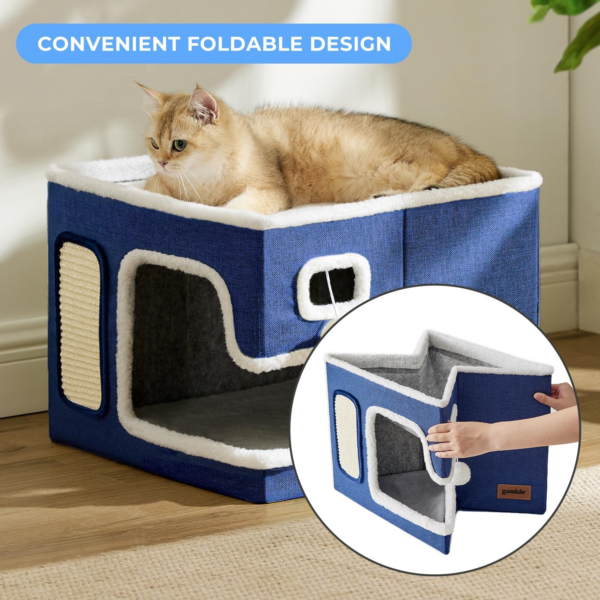 Cat Beds for Indoor Cats - Large Cat House for Pet with Fluffy Ball Hanging and Scratch Pad, Foldable Cat Hideaway,16.5X16.5X13 Inches, Grey - Image 4