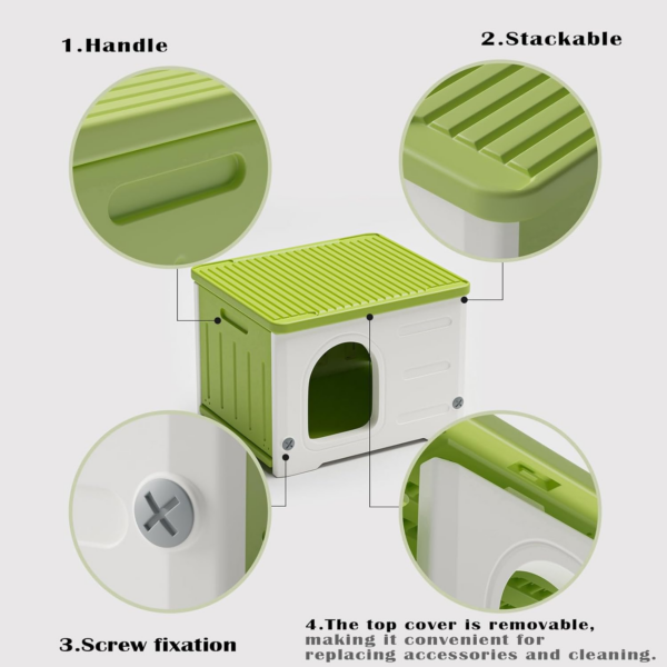 Plastic Cat House for Outdoor Indoor Use, Stackable Feral Cat Shelter Indoor Cat House Insulated Weatherproof Waterproof Elevated with Cat Scratching Board & Cushion (Green) - Image 4