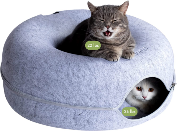 Peekaboo Cat Cave for Multiple & Large Cats up to 30-45 Lbs, Scratch Detachable & Washable Tunnel Bed, Comfy Donut Cat Cave (Light Gray, Large)