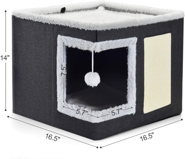 Cat Bed for Indoor Cats, Large Covered Cat House with Scratch Pad, Foldable Cat Cave Bed & Hideaway Cube with Reversible Cushions, Cute Cat Condo for Multi Small Pet Kitten (Dark Grey) - Image 4