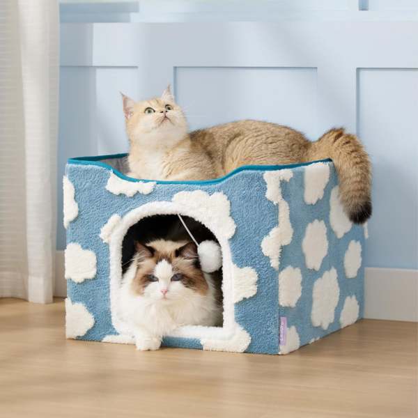 Lesure Indoor Cat Beds Kitten House - Large Cat Cave for Pet Cube with Fluffy Ball Hanging, Foldable Small Aminal Hideaway, 16.5X16.5X13 Inches, Cozy Clouds Blue - Image 5