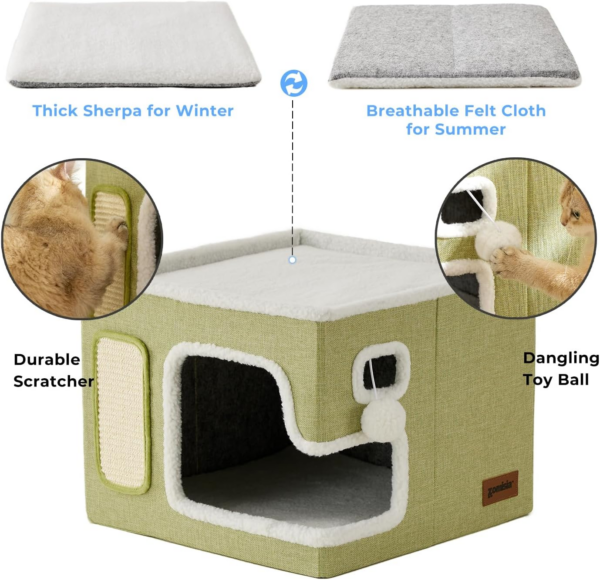 Cat Beds for Indoor Cats - Large Cat House for Pet with Fluffy Ball Hanging and Scratch Pad, Foldable Cat Hideaway,16.5X16.5X13 Inches, Grey - Image 3