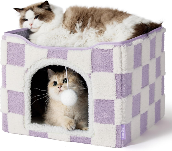 Lesure Indoor Cat Beds Kitten House - Large Cat Cave for Pet Cube with Fluffy Ball Hanging, Foldable Small Aminal Hideaway, 16.5X16.5X13 Inches, Cozy Clouds Blue - Image 10