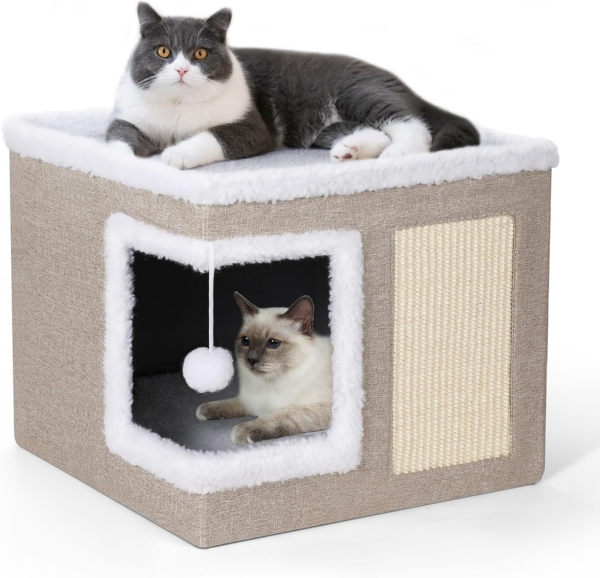 Cat Bed for Indoor Cats, Large Covered Cat House with Scratch Pad, Foldable Cat Cave Bed & Hideaway Cube with Reversible Cushions, Cute Cat Condo for Multi Small Pet Kitten (Dark Grey) - Image 8