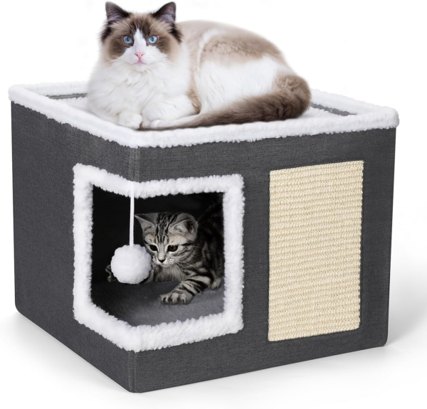 Cat Bed for Indoor Cats, Large Covered Cat House with Scratch Pad, Foldable Cat Cave Bed & Hideaway Cube with Reversible Cushions, Cute Cat Condo for Multi Small Pet Kitten (Dark Grey) - Image 10