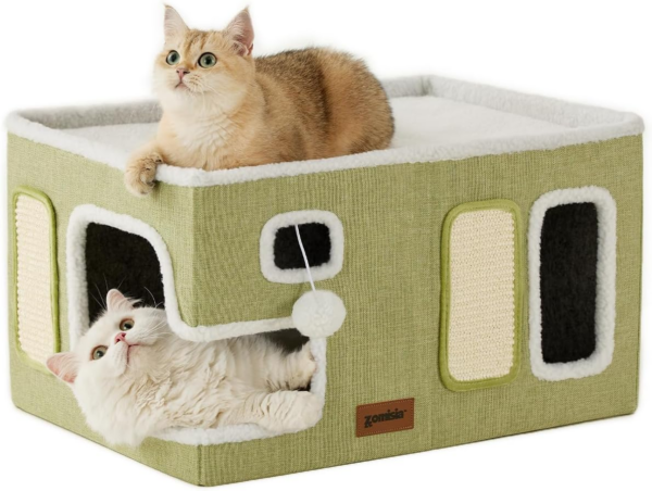 Cat Beds for Indoor Cats - Large Cat House for Pet with Fluffy Ball Hanging and Scratch Pad, Foldable Cat Hideaway,16.5X16.5X13 Inches, Grey - Image 11