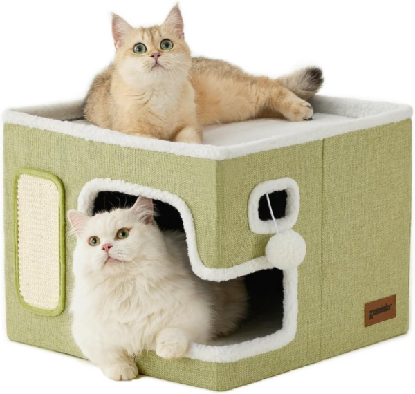 Cat Beds for Indoor Cats - Large Cat House for Pet with Fluffy Ball Hanging and Scratch Pad, Foldable Cat Hideaway,16.5X16.5X13 Inches, Grey - Image 8