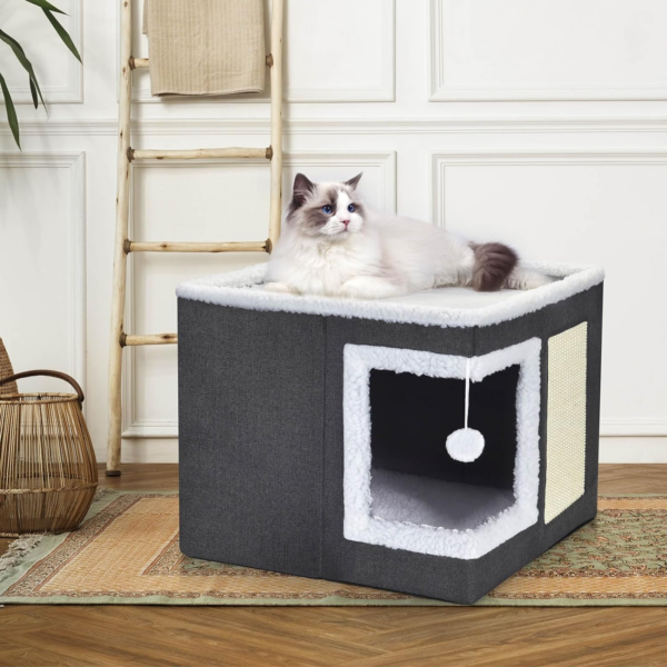 Cat Bed for Indoor Cats, Large Covered Cat House with Scratch Pad, Foldable Cat Cave Bed & Hideaway Cube with Reversible Cushions, Cute Cat Condo for Multi Small Pet Kitten (Dark Grey) - Image 2