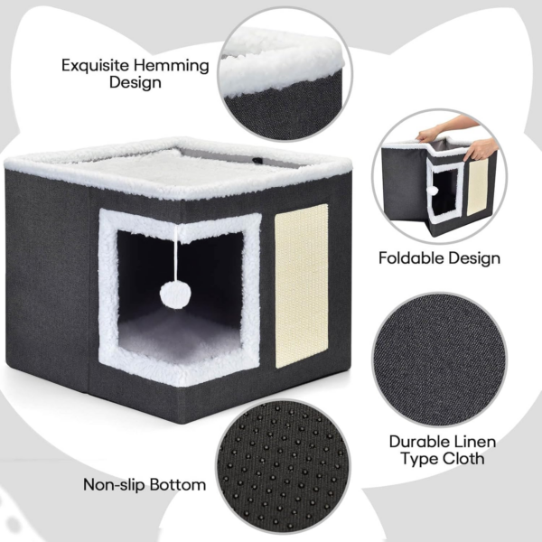 Cat Bed for Indoor Cats, Large Covered Cat House with Scratch Pad, Foldable Cat Cave Bed & Hideaway Cube with Reversible Cushions, Cute Cat Condo for Multi Small Pet Kitten (Dark Grey) - Image 3