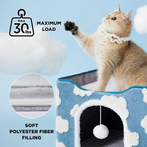 Lesure Indoor Cat Beds Kitten House - Large Cat Cave for Pet Cube with Fluffy Ball Hanging, Foldable Small Aminal Hideaway, 16.5X16.5X13 Inches, Cozy Clouds Blue - Image 3