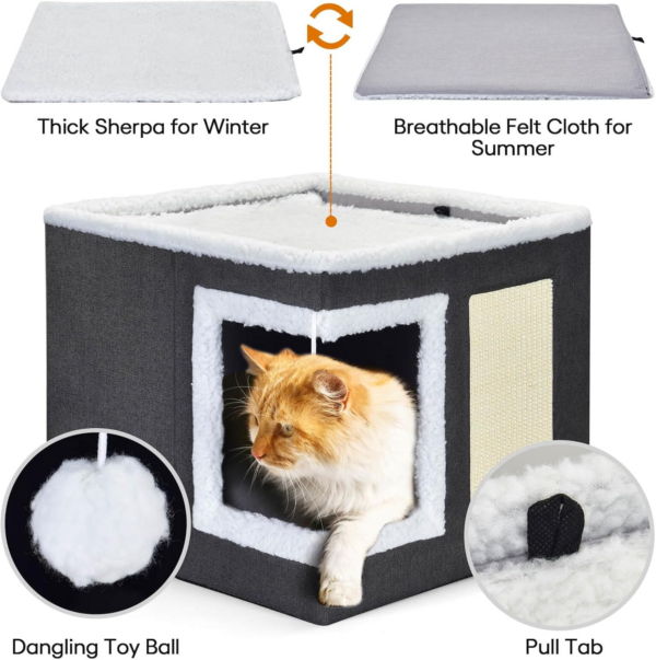 Cat Bed for Indoor Cats, Large Covered Cat House with Scratch Pad, Foldable Cat Cave Bed & Hideaway Cube with Reversible Cushions, Cute Cat Condo for Multi Small Pet Kitten (Dark Grey) - Image 6