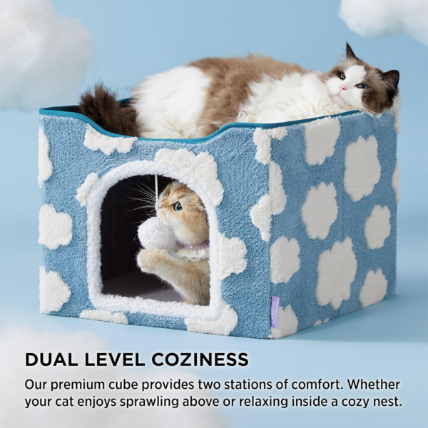 Lesure Indoor Cat Beds Kitten House - Large Cat Cave for Pet Cube with Fluffy Ball Hanging, Foldable Small Aminal Hideaway, 16.5X16.5X13 Inches, Cozy Clouds Blue - Image 2