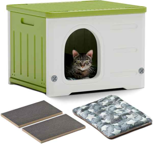 Plastic Cat House for Outdoor Indoor Use, Stackable Feral Cat Shelter Indoor Cat House Insulated Weatherproof Waterproof Elevated with Cat Scratching Board & Cushion (Green) - Image 9