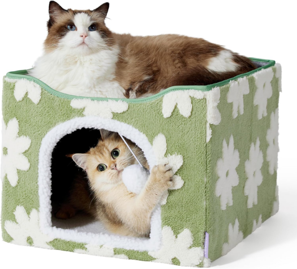 Lesure Indoor Cat Beds Kitten House - Large Cat Cave for Pet Cube with Fluffy Ball Hanging, Foldable Small Aminal Hideaway, 16.5X16.5X13 Inches, Cozy Clouds Blue - Image 9