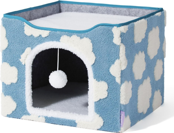 Lesure Indoor Cat Beds Kitten House - Large Cat Cave for Pet Cube with Fluffy Ball Hanging, Foldable Small Aminal Hideaway, 16.5X16.5X13 Inches, Cozy Clouds Blue - Image 7