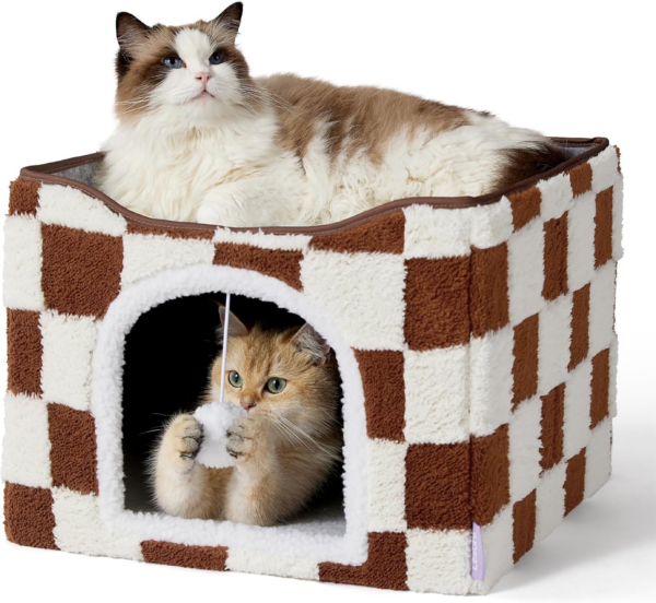 Lesure Indoor Cat Beds Kitten House - Large Cat Cave for Pet Cube with Fluffy Ball Hanging, Foldable Small Aminal Hideaway, 16.5X16.5X13 Inches, Cozy Clouds Blue - Image 8