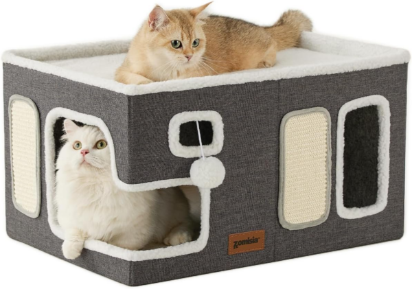 Cat Beds for Indoor Cats - Large Cat House for Pet with Fluffy Ball Hanging and Scratch Pad, Foldable Cat Hideaway,16.5X16.5X13 Inches, Grey - Image 9