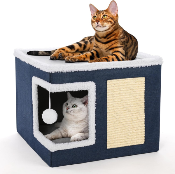 Cat Bed for Indoor Cats, Large Covered Cat House with Scratch Pad, Foldable Cat Cave Bed & Hideaway Cube with Reversible Cushions, Cute Cat Condo for Multi Small Pet Kitten (Dark Grey) - Image 9