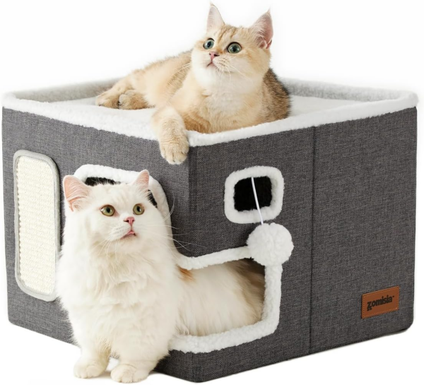 Cat Beds for Indoor Cats - Large Cat House for Pet with Fluffy Ball Hanging and Scratch Pad, Foldable Cat Hideaway,16.5X16.5X13 Inches, Grey