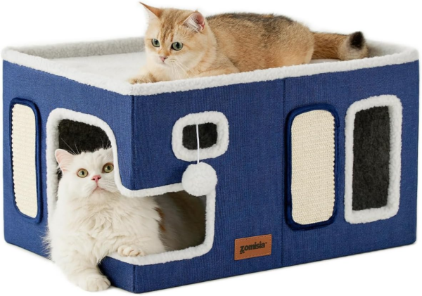 Cat Beds for Indoor Cats - Large Cat House for Pet with Fluffy Ball Hanging and Scratch Pad, Foldable Cat Hideaway,16.5X16.5X13 Inches, Grey - Image 10