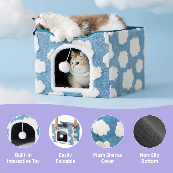 Lesure Indoor Cat Beds Kitten House - Large Cat Cave for Pet Cube with Fluffy Ball Hanging, Foldable Small Aminal Hideaway, 16.5X16.5X13 Inches, Cozy Clouds Blue - Image 4