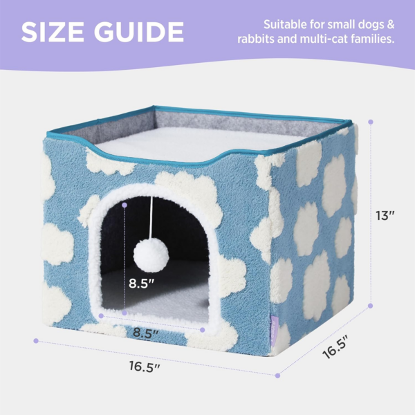 Lesure Indoor Cat Beds Kitten House - Large Cat Cave for Pet Cube with Fluffy Ball Hanging, Foldable Small Aminal Hideaway, 16.5X16.5X13 Inches, Cozy Clouds Blue - Image 6